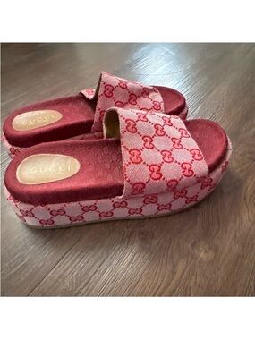 Gucci Pink and Red GG Monogram Platform Slides